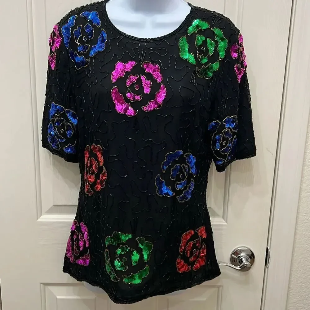 Vintage Stenay Womens Top Sz M Short Sleeve Sequin Beaded Scoop Neck Formal